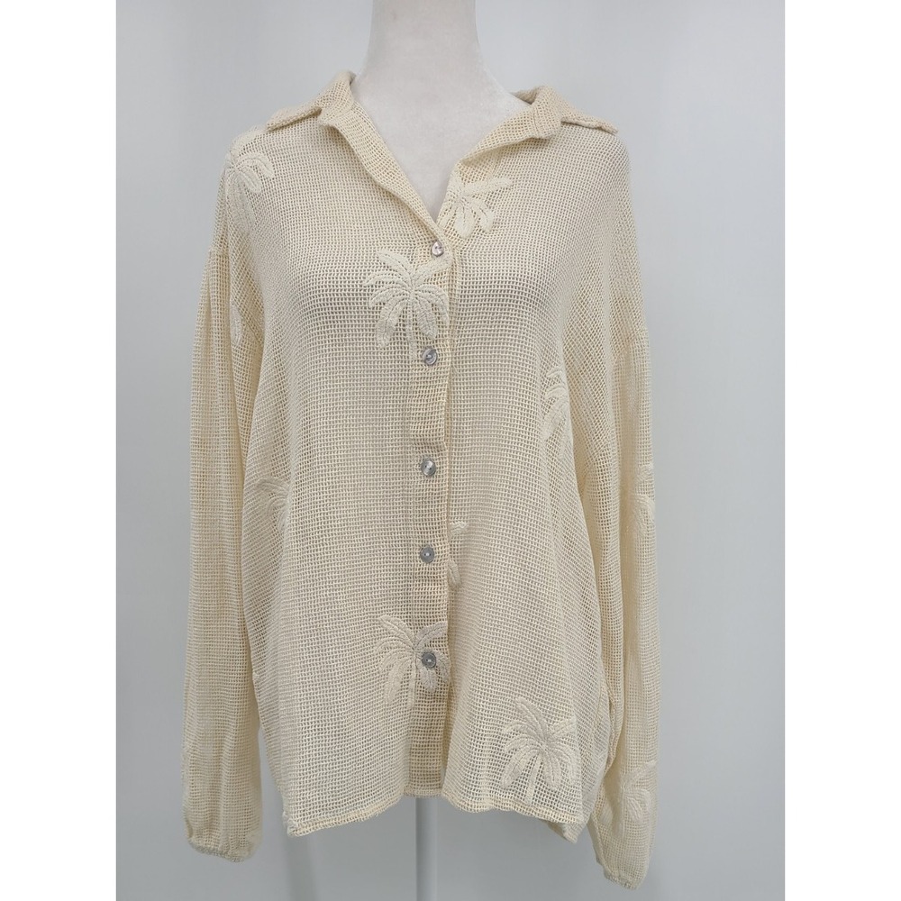 Malai Resort Mesh Shirt Women Small Tall Neutral Palm Trees Ivory Buttons NEW